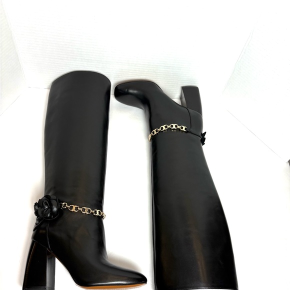 NEW Tory Burch Black Leather Blossom Boots Tall Gold Chain Flower Glam Sz 6 - Picture 7 of 14